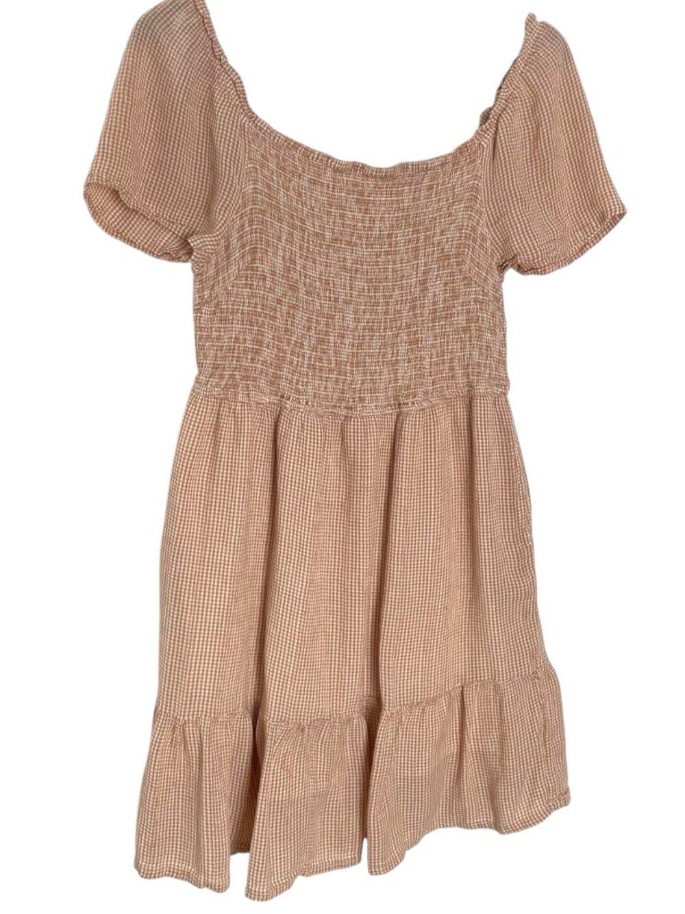 Cotton & Rye A Line Mini Sun Dress XL Tan & Cream Gingham Smocked Boho Western